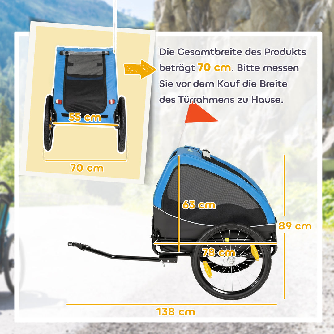 Sammenklappelig hundetrailer med reflekser, netvindue, hjul, dør, sikkerhedsflag til hunde op til 20 kg, 138x70x89 cm, blå