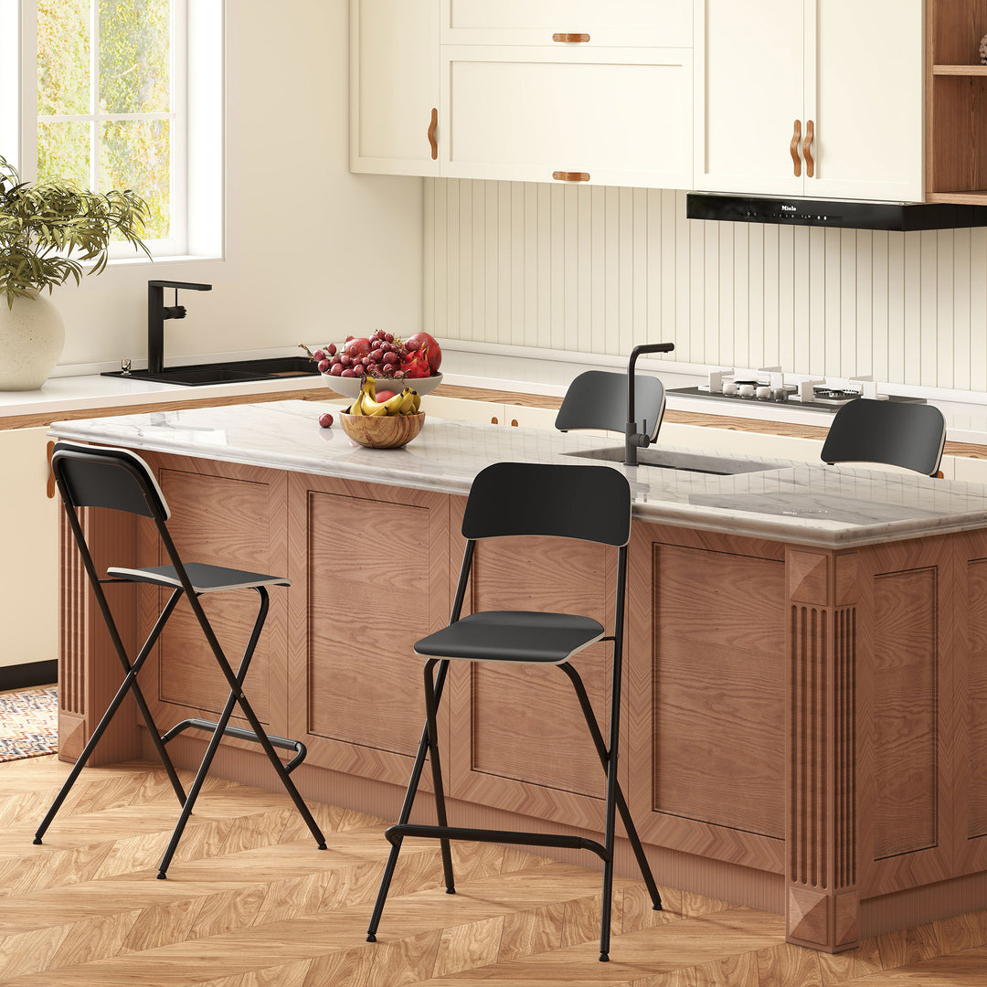Sæt med 2 barstole, foldbare barstole med stålramme, til køkken, spisestue, sort