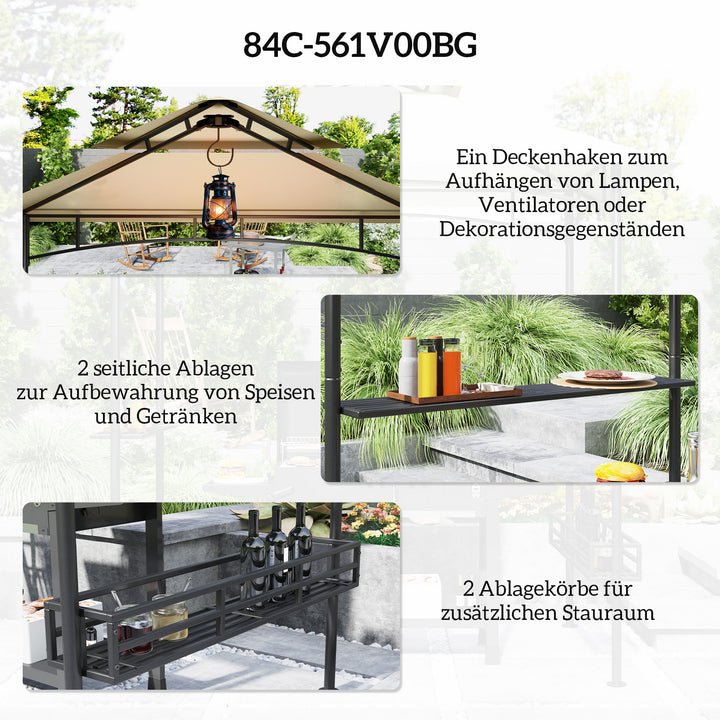 Grilltelt, bbq-telt, havepavillon med 2 hylder, opbevaringskurve, kroge, til terrasse, beige