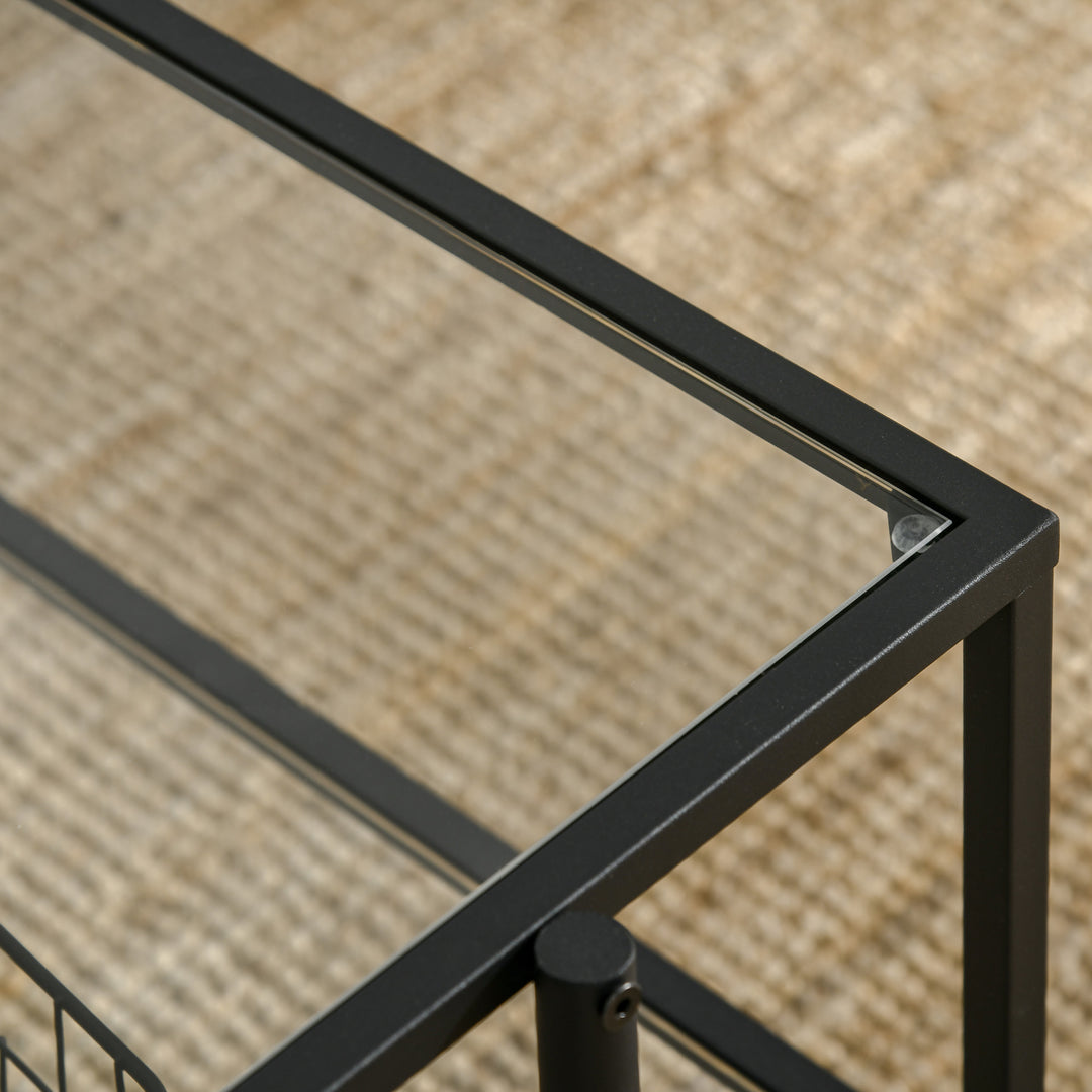 Sofabord med hylde, justerbare fødder, stålstel, glasplade, 100 x 55 x 45,5 cm, hvid