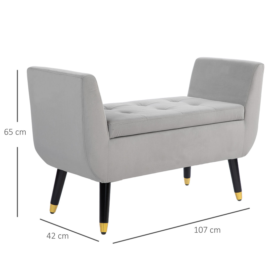 Opbevaringsbænk med armlæn, kommodebænk, fløjlspolyester, gummitræ, lysegrå, 107 x 42 x 65 cm