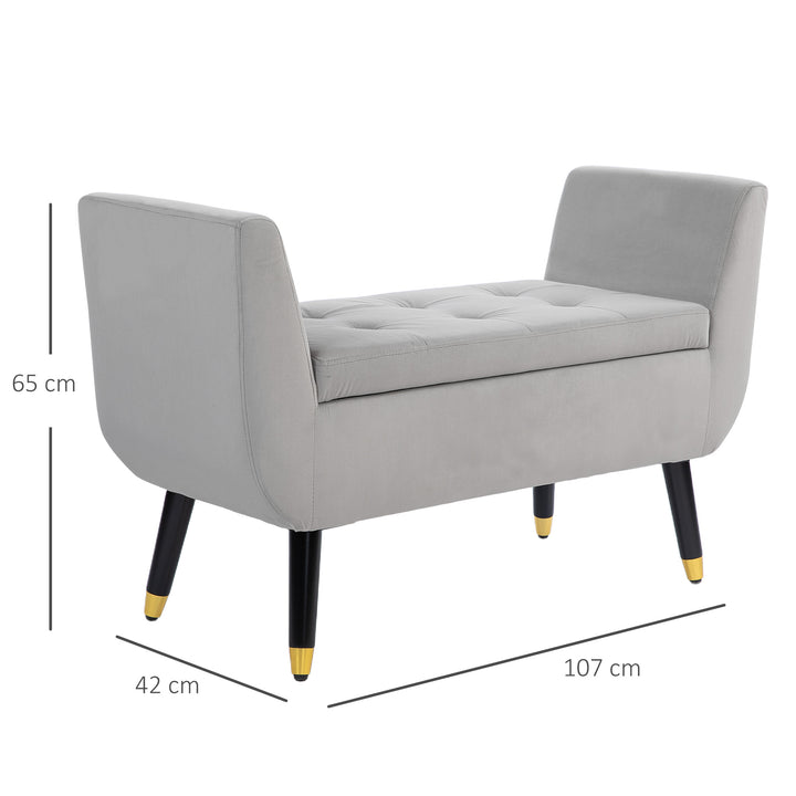 Opbevaringsbænk med armlæn, kommodebænk, fløjlspolyester, gummitræ, lysegrå, 107 x 42 x 65 cm