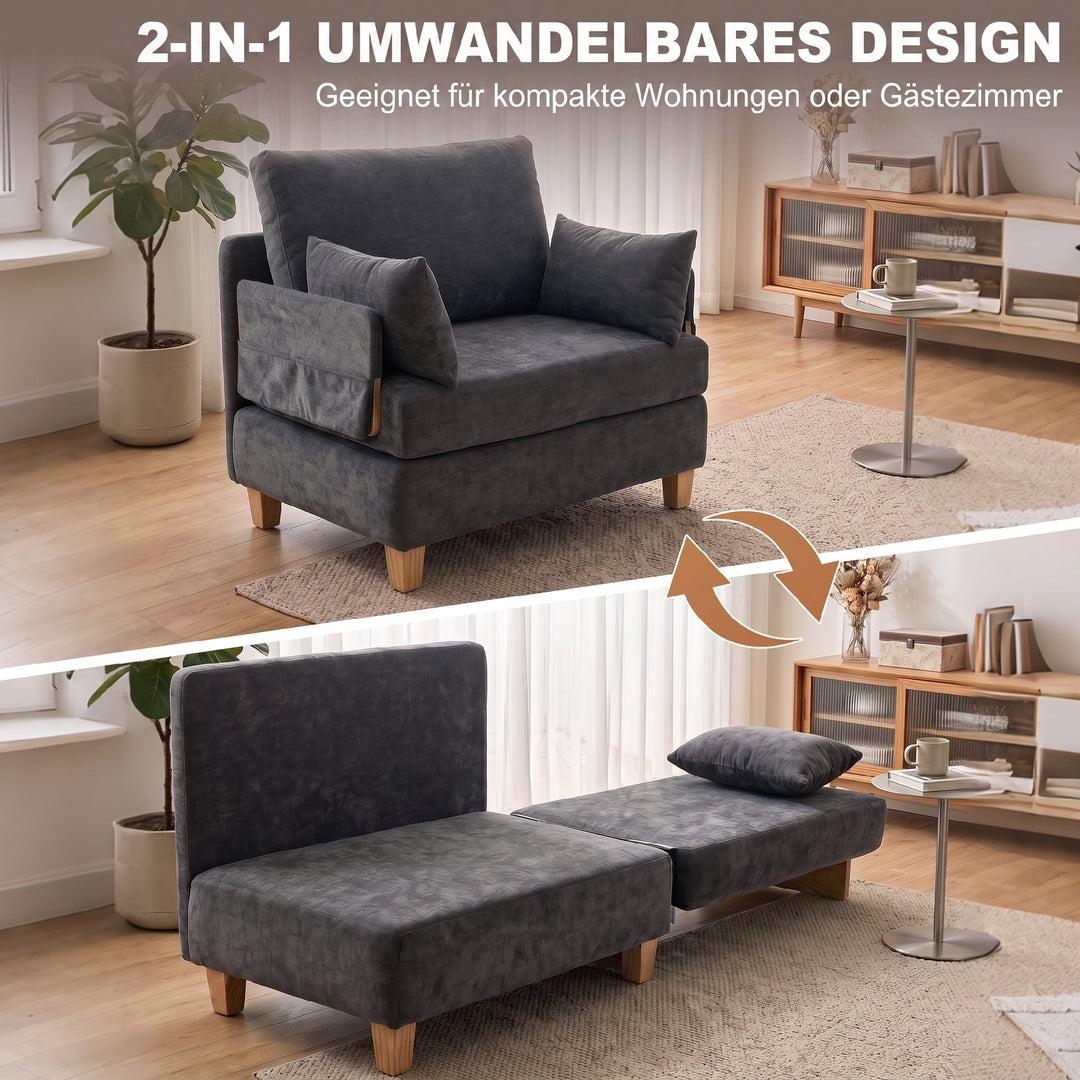 2-i-1 sovesofa med sengefunktion, 2 hynder, 183x57 cm, mørkegrå