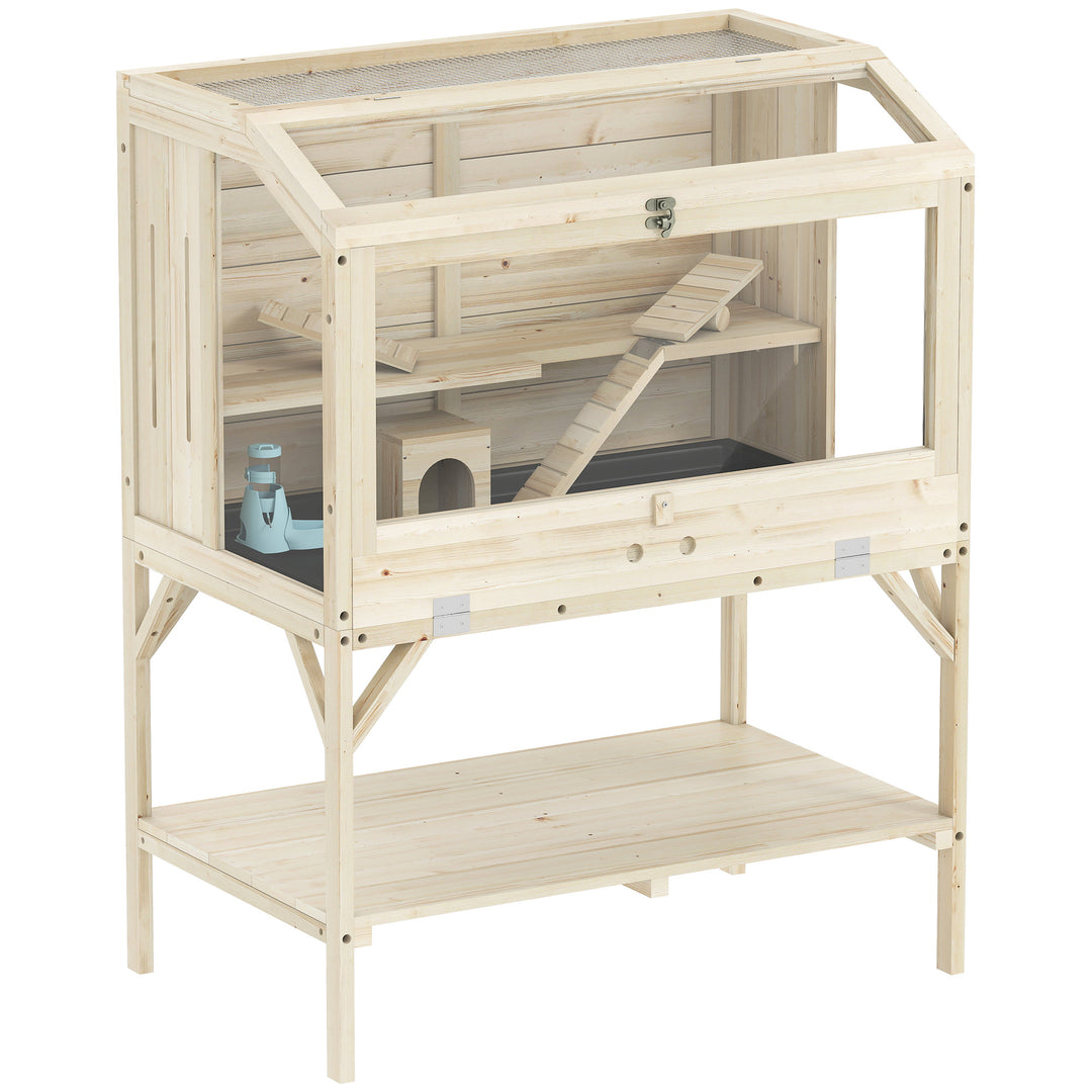 Hamsterbur, 2 niveauer, bur til små dyr med opbevaringsrum, tilbehør, 84 x 53 x 110 cm, naturtræ