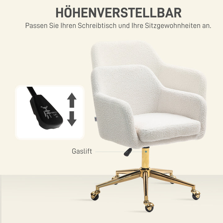 Hjemmekontorstol, højdejusterbar kontorstol med hjul, fløjlslignende betræk, metalbase, cremehvid
