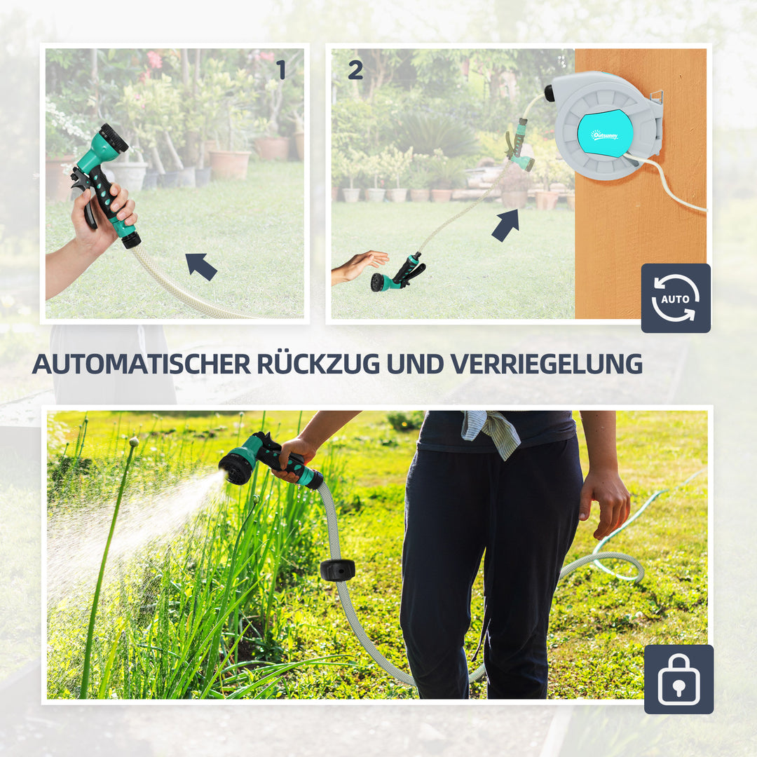 Haveslangeholder, 20+2 meter haveslange i robust hus, vægmontering, 7 sprøjtemønstre, 180° roterbar, grå