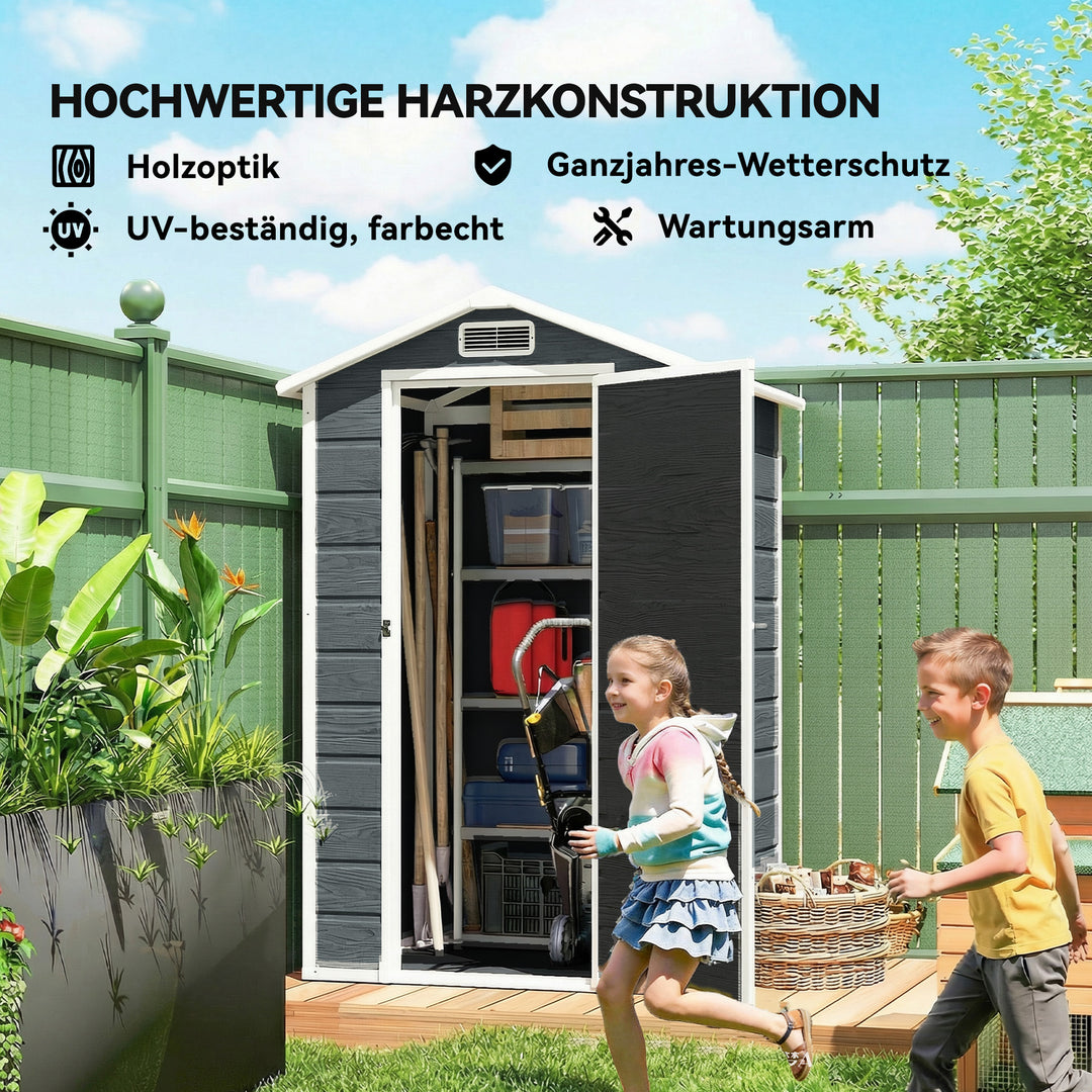 Haveskur 1,1 m² Redskabsskur med trælook Vindue Gavltag Ventilation Gulvlås Handsker Grå