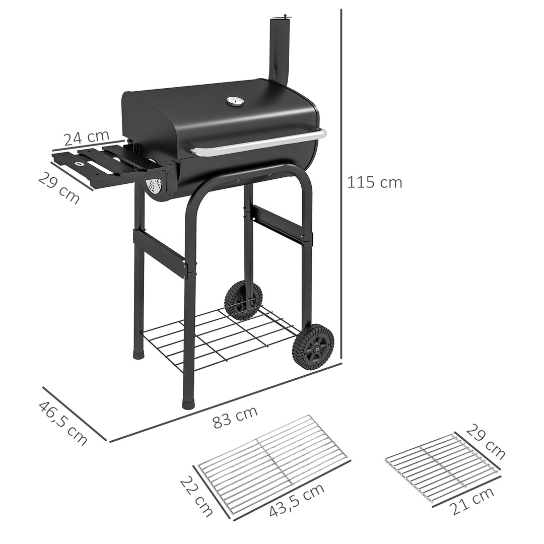 Trækulsgrill smoker bbq grill, 1 hylde, inklusive termometer, 83 x 46,5 x 115 cm, sort