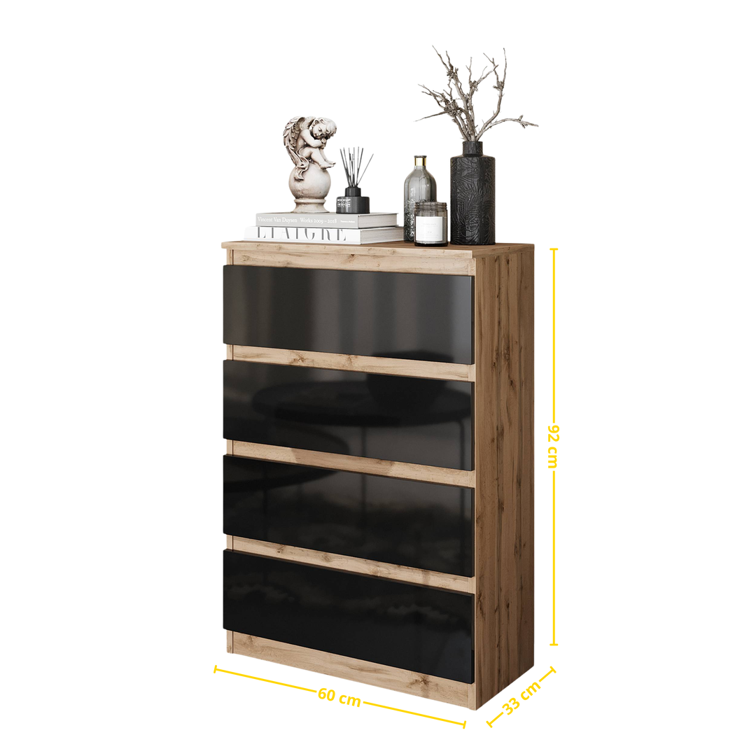 GABRIEL Kommode med 4 skuffer – Wotan eg / Sort Højglans – B60 × H92 × D33 cm