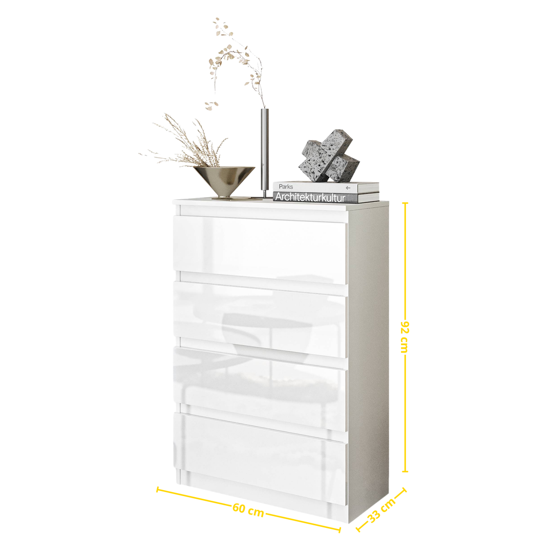 GABRIEL - Kommode / skænk med 4 skuffer - Hvid Mat / Hvid Højglans - H92cm B60cm D33cm