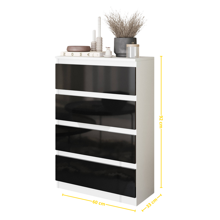 GABRIEL – kommode med 4 skuffer – mat hvid / sort højglans – H92 cm B60 cm D33 cm