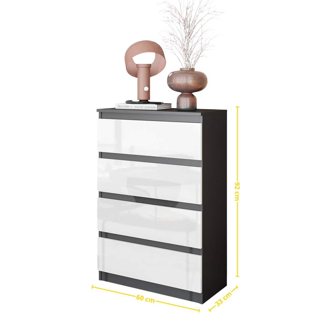 GABRIEL – kommode / sideboard med 4 skuffer – antracit / hvid højglans – H92 cm B60 cm D33 cm