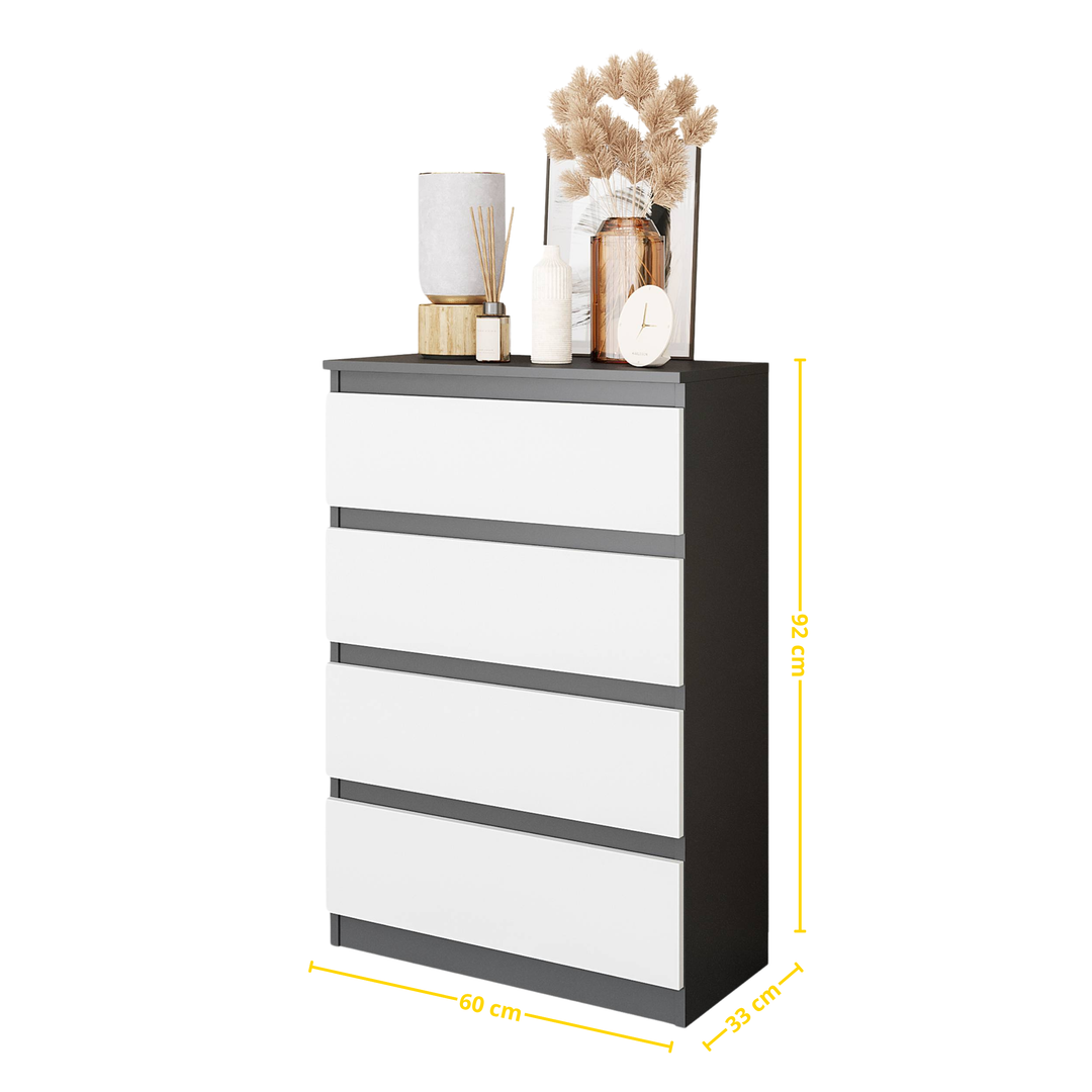 GABRIEL – kommode / sideboard med 4 skuffer – antracit / mat hvid – H92 cm B60 cm D33 cm