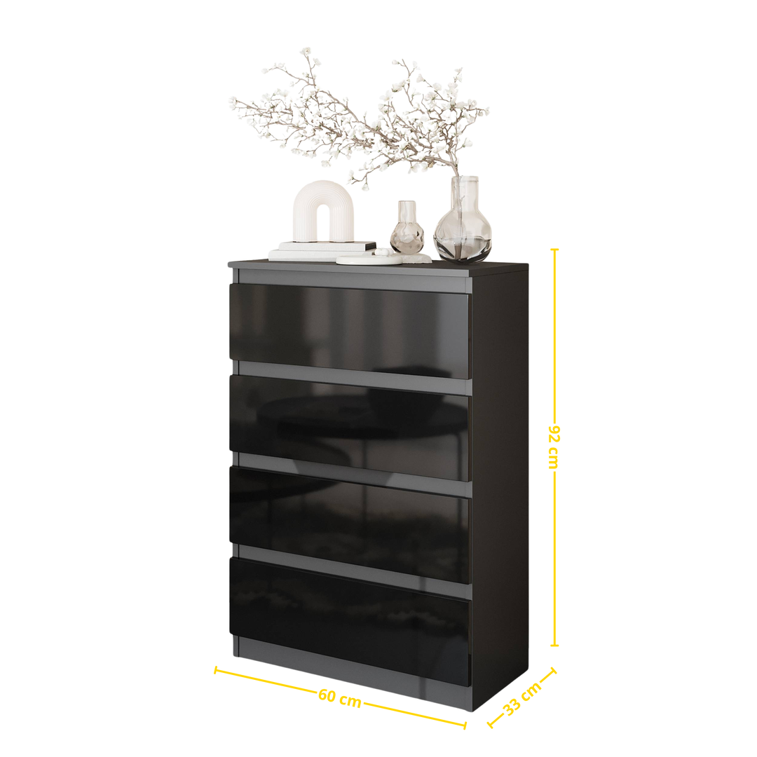 GABRIEL - Kommode / skænk med 4 skuffer - Antracit / Sort Højglans - H92cm B60cm D33cm