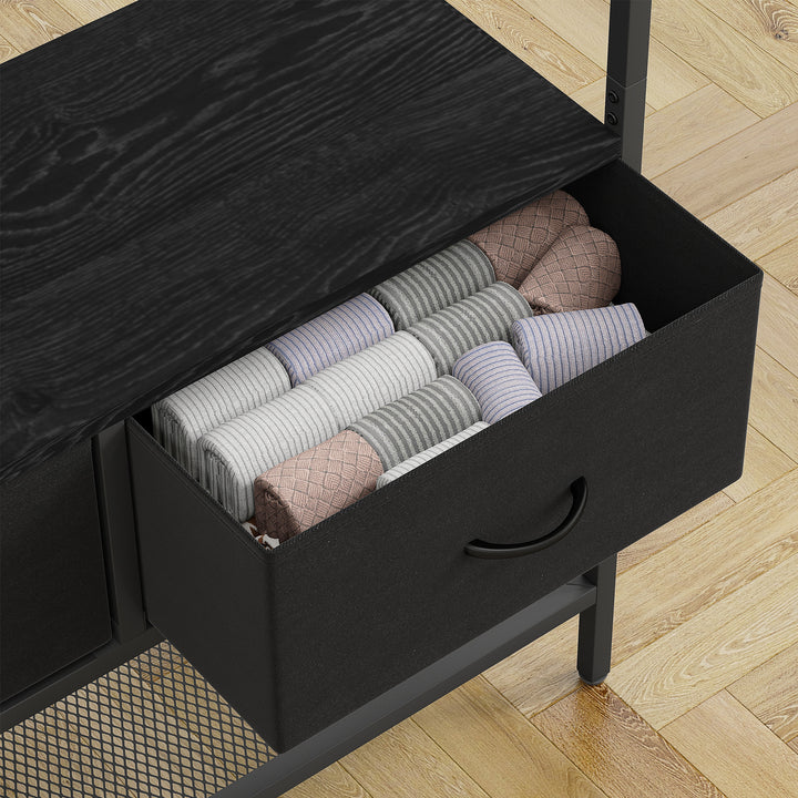 Knagerække med skohylde, tøjstativ i industrielt design, 2 stofskuffer, 8 kroge, metalramme, sort