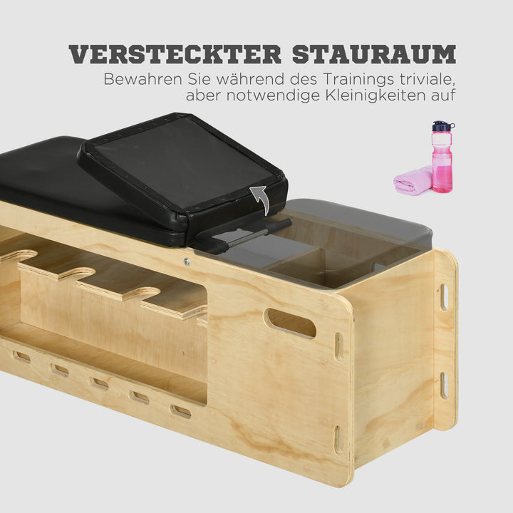 Vægtbænk med vægtstativ, 1 opbevaringskurv, justerbar i 6 positioner, massivt træ, naturlig + sort