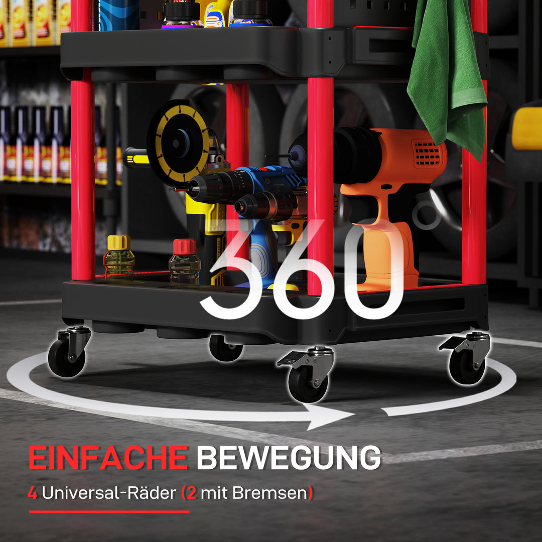 Værktøjsvogn, hylder i tre etager, 4 hjul, plast, 10 kroge, rød