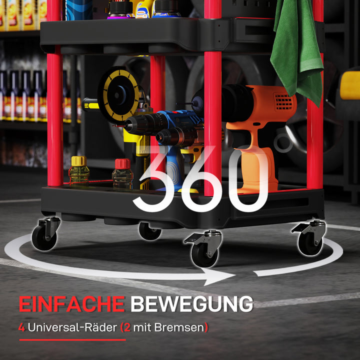 Værktøjsvogn, hylder i tre etager, 4 hjul, plast, 10 kroge, rød