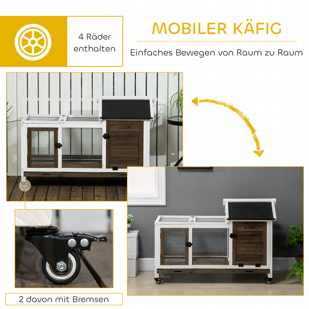 Smådyrsbur til dværgkaniner, marsvin, med hjul, 108 x 58 x 73,5 cm, kaffe