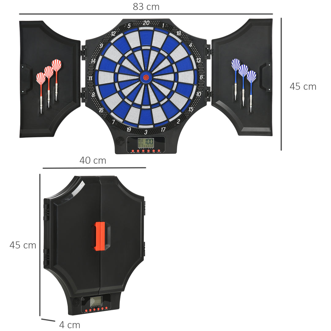 Elektronisk dartskive, 31 spil og 285 programmer, til 8 spillere, 2 døre, 6 dart, lyd, sort, 83 x 45 x 4 cm
