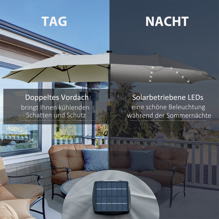 Parasol med led solcelle 4,5m dobbelt parasol haveparasol markedsparasol terrasseparasol oval lysegrå+sort