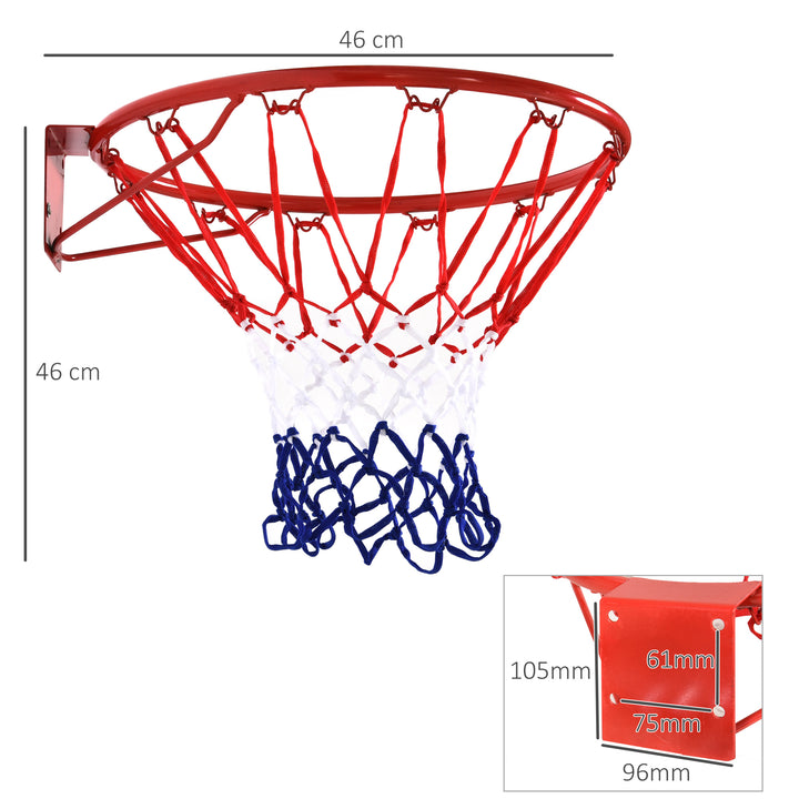 Basketballkurv, indendørs og udendørs med 46 cm kurv og net, vægmonteret, basketballbræt til unge voksne, rød + blå + hvid