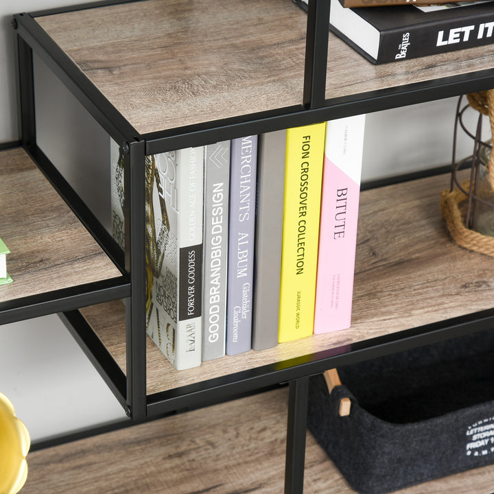 Fritstående hylde, bogreolopbevaringshylde industriel stil, arkivhylde, køkkenhylde, p2 spånplade, metal, sort+lys eg, 120 x 32 x 95 cm