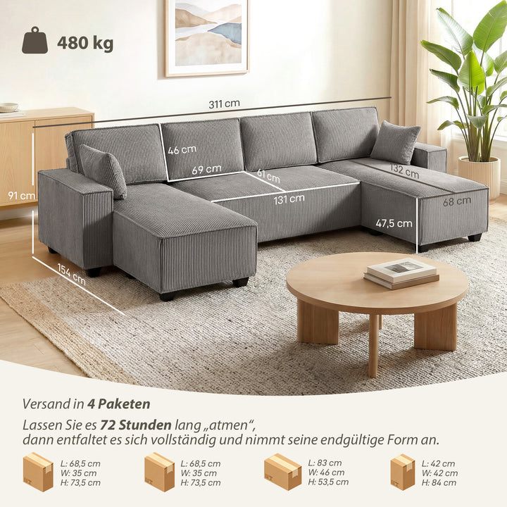 Hjørnesofa med dobbelt chaiselong, U-formet sofa i corduroystof med bredt og dybt sæde, hynder med fjederkerne, lysegrå