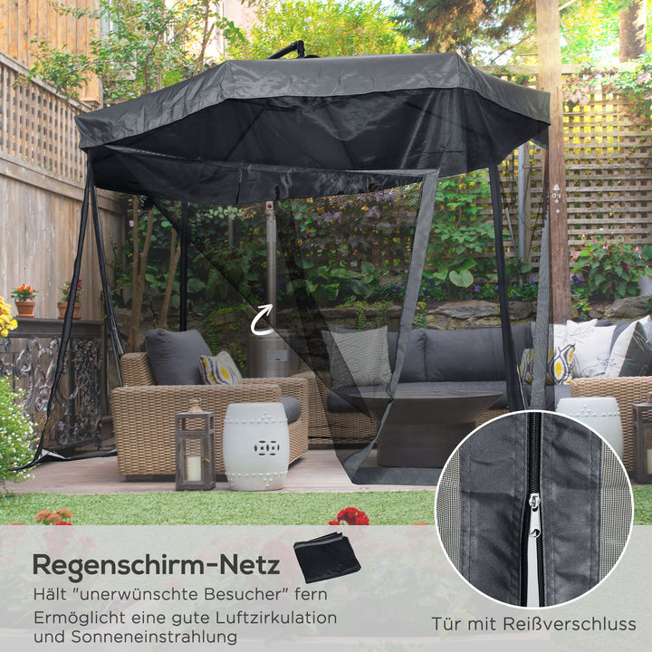 Fritstående parasol Ø3m, drejelig, håndsving, rustfrit stål, polyester, mørkegrå/sort