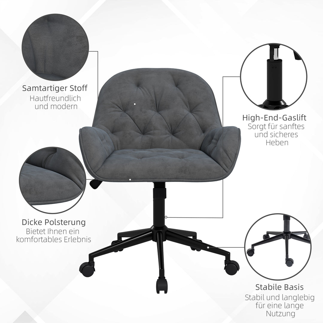 Kontorstol, skrivebordsstol, computerstol, højdejusterbar, fløjlslook, grå