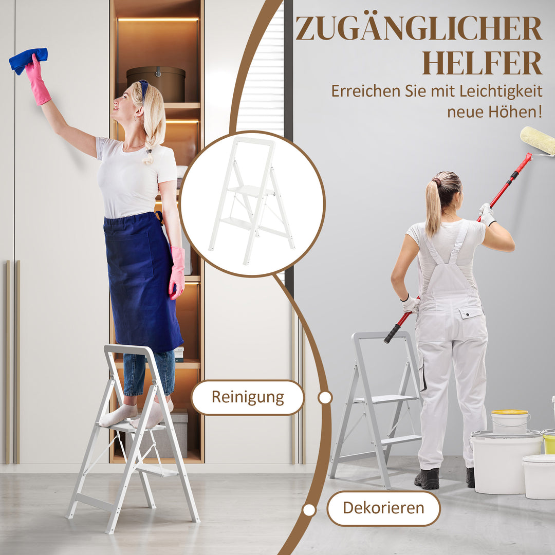 2-Trins trappestige, aluminium foldbar, skridsikker platform, hvid