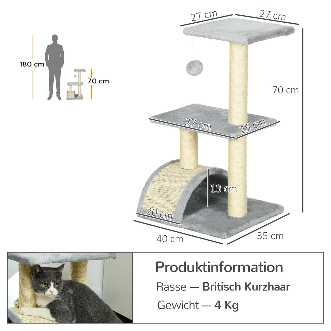 Kradsetræ 72 cm kattetårn med plysbolde, sisalstolper, platform, kradsebræt lysegrå