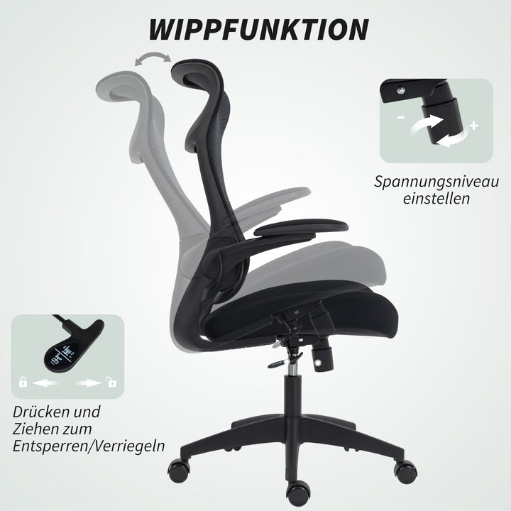 Ergonomisk kontorstol med 3D-armlæn, netryg, S-formet ryglæn, nakkestøtte, vippefunktion, sort