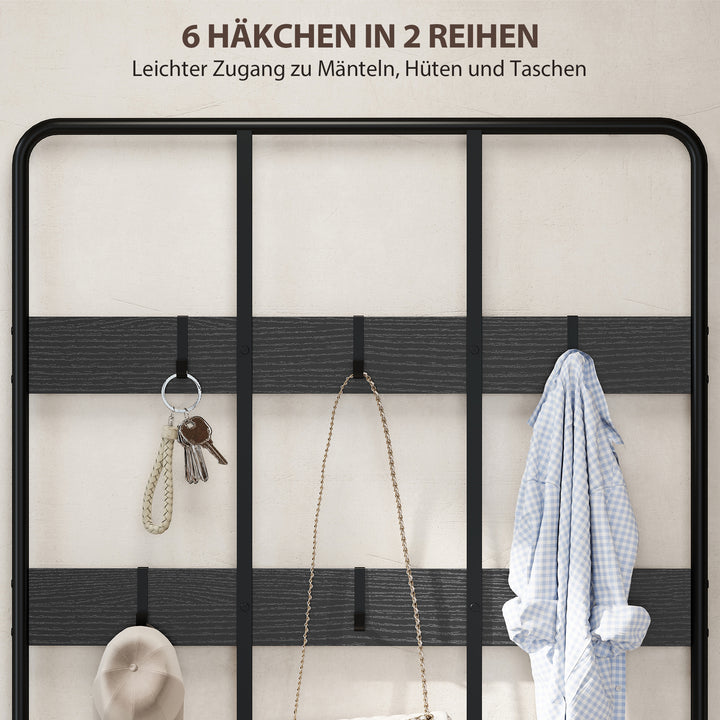 3-i-1 knagerække, knage, bænk, skohylde, metal, spånplade, sort