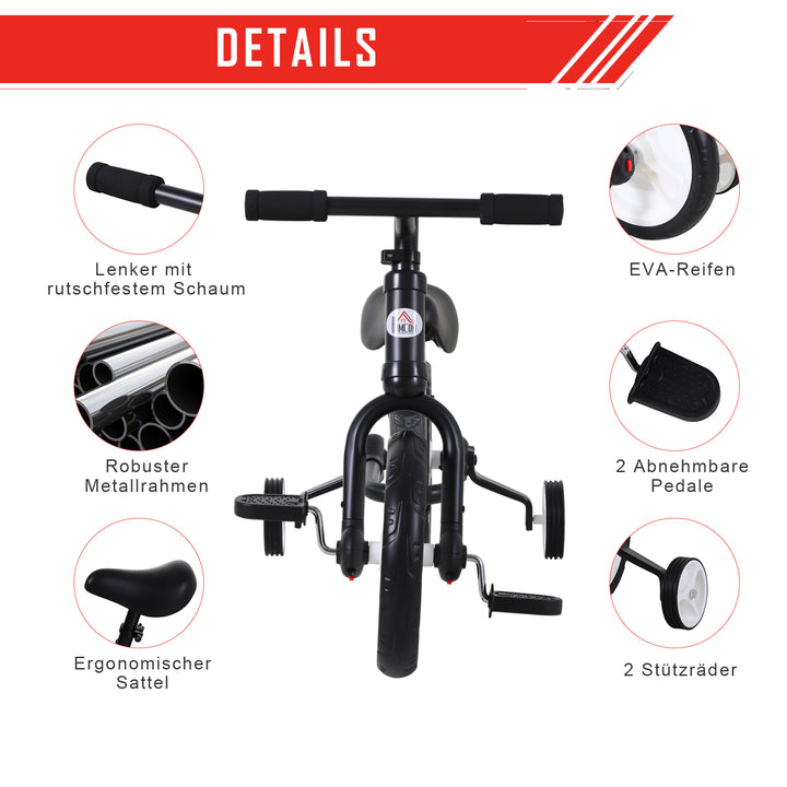 Børnebalancecykel, lærecykel, børnecykel, 2-i-1, børnecykel med støttehjul og pedaler, 2-5 år, sædehøjdejusterbar, pp, sort, 85 x b36 x h54 cm