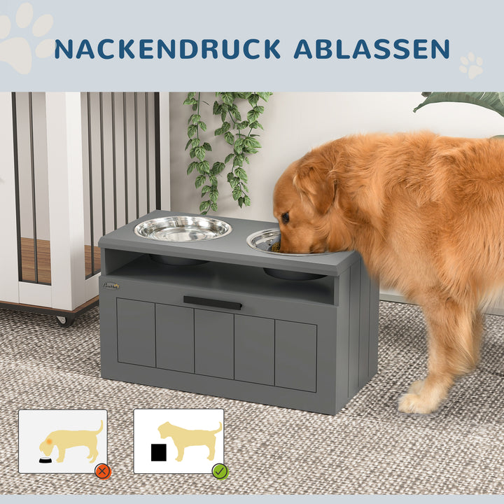 Stor hundefoderstation med 2 rustfri stålskåle og skuffe, foderdispenser til kæledyr, mdf, stål, grå