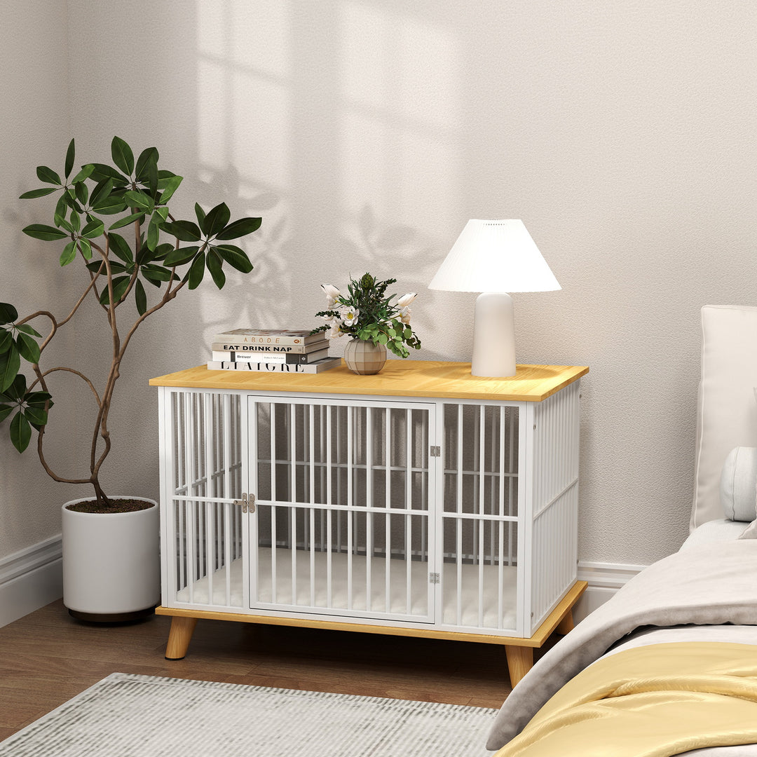 Hundebur med låsbar dør, aftagelig hynde, god ventilation, stål, 86x60x70 cm, hvid+grå