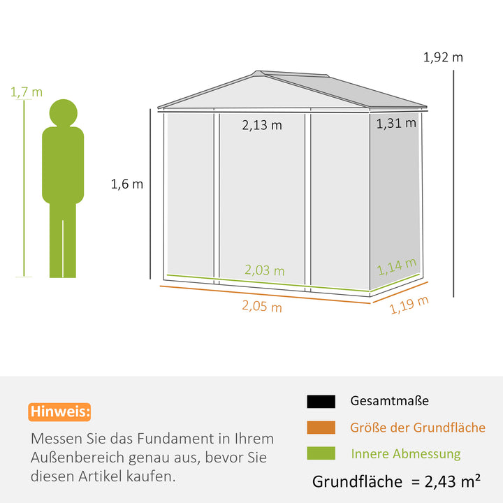 2,43 Cm haveskur, 213 x 131 x 192 cm redskabsskur med gavltag, aflåselig skydedør, vejrbestandig, grå