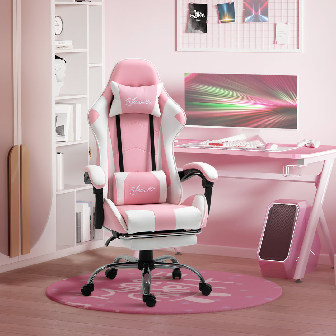 Gaming chair computerstol ergonomisk kontorstol gamerstol med nakkestøtte lændehynde kontorstol højdejusterbar 360° drejelig skum kunstlæder pvc pink+hvid 64 x 67 x 119-127 cm