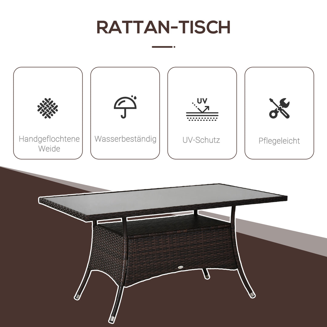 Havebord glasbord spisebord havemøbelbord, polyrattan + sikkerhedsglas, brun + sort, 150x85x74cm