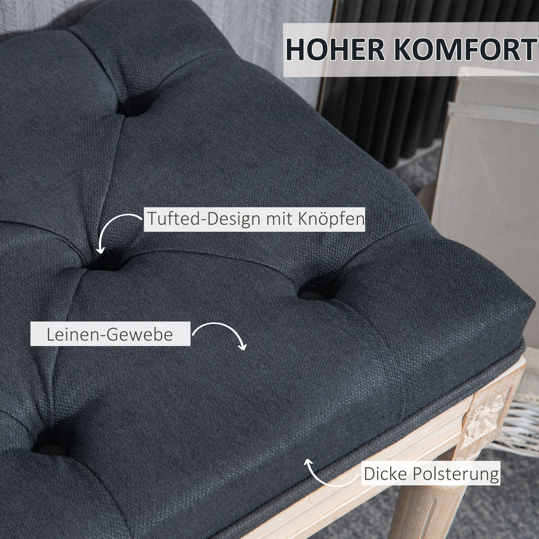 Vintage design bænk med knapsøm og drejede ben, shabby chic, mørkegrå