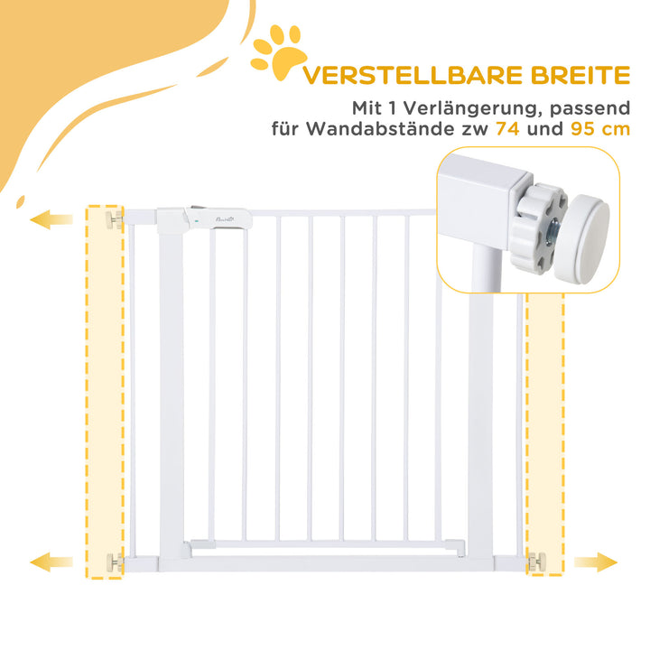 Dørgitter, ingen boring nødvendig, justerbar bredde 75-96 cm, åbning med en hånd, metal, hvid, automatisk lukkende babysikkerhedsgitter