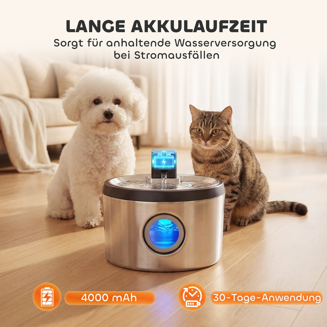 4L trådløs kattefontæne i rustfrit stål med bevægelsessensor, 6 filtre, dobbelt filtersystem, LED, sølv