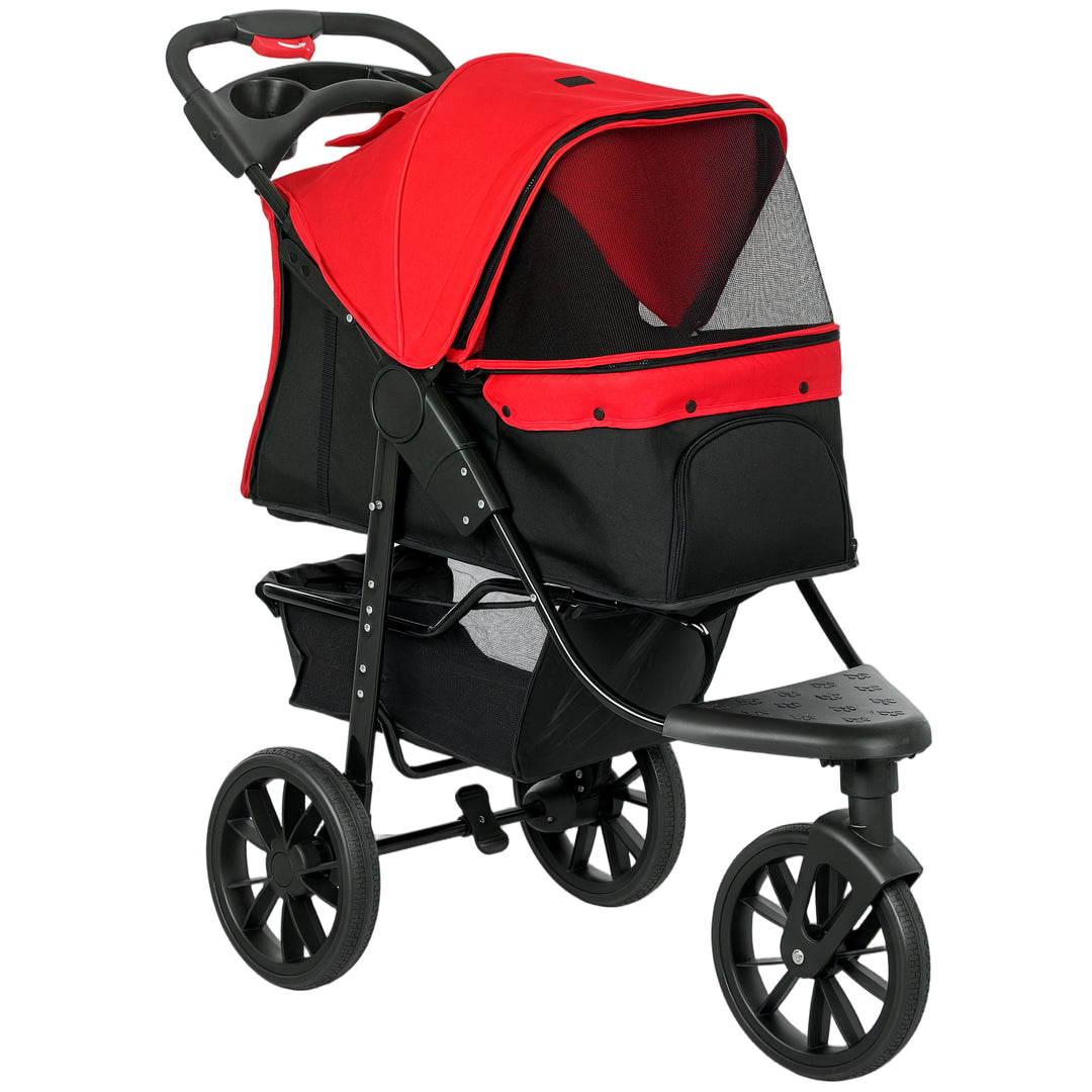 Sammenklappelig hundebåren/hundevogn til hunde op til 10 kg, med 3 hjul, netvinduer, kopholder og opbevaringskurv, 109,5 x 57,5 x 106,5 cm, rød
