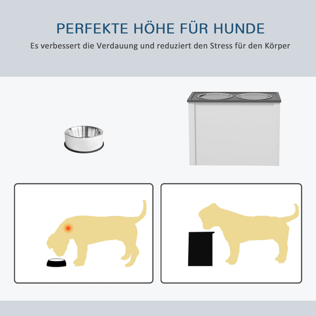 Foderstation hævede foderskåle 1 opbevaringsplads 2 foderskåle i rustfrit stål, 60 x 30 x 42 cm, hvid + grå