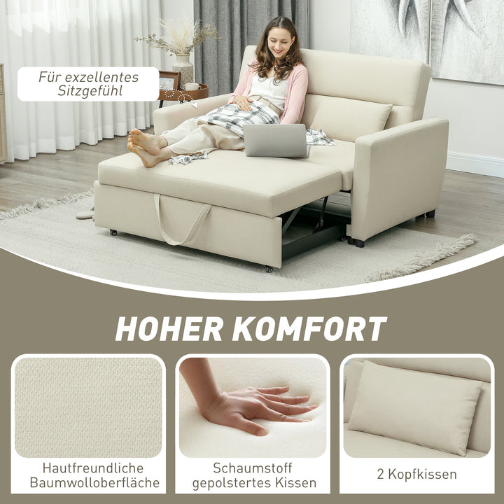 2-Personers sofa med sengefunktion, justerbar ryglæn, polstret sofa, fløjlslook, til stue, soveværelse, beige