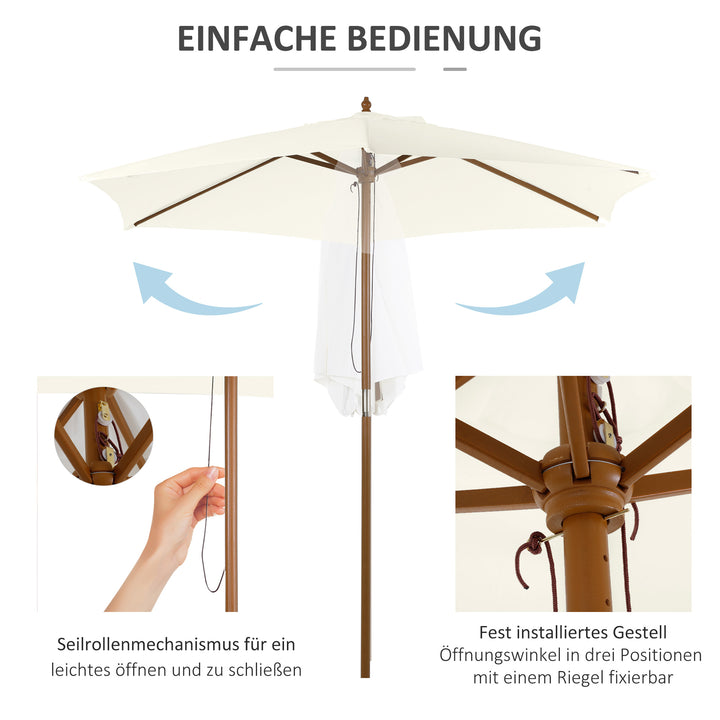 Parasol Ø 250 cm, parasol med trækmekanisme, balkonparasol, strandparasol af bambus, vindtæt, markedsparasol, solskærm til balkon, terrasse, have, hvid