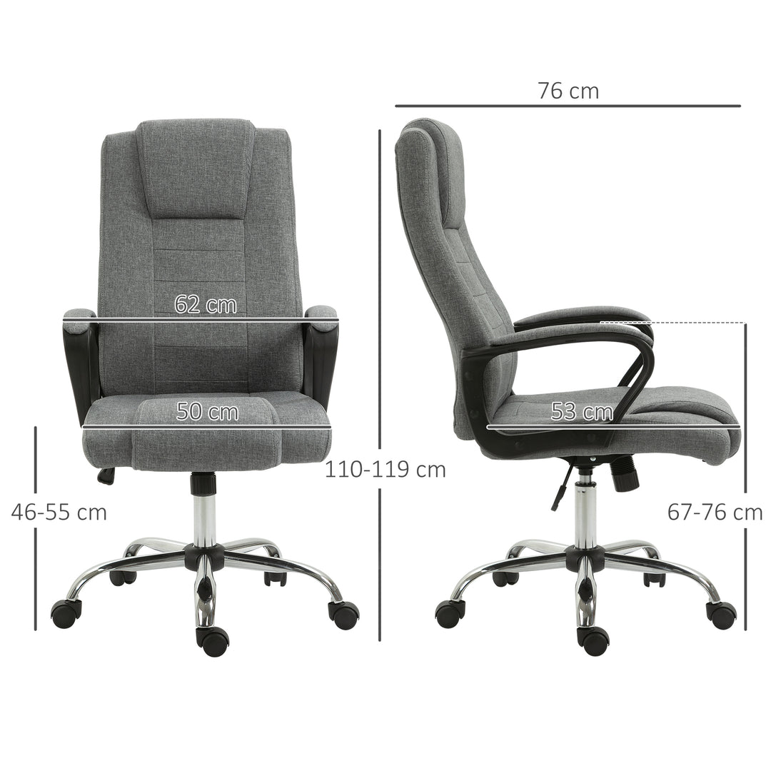 Kontorstol, computerstol med vippefunktion, nakkestøtte, ergonomisk skrivebordsstol, drejelig, højdejusterbar, grå linnedbetræk, 62 x 76 x 110-119 cm