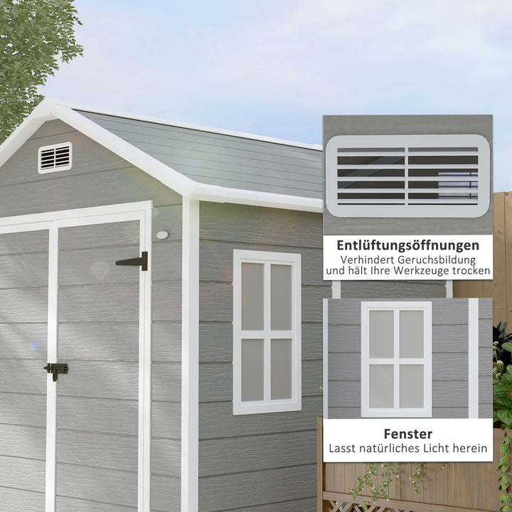 Haveskur, redskabsskur med gulv, aflåselige døre, ventilationsåbninger, vinduer, trælook, plastik, grå