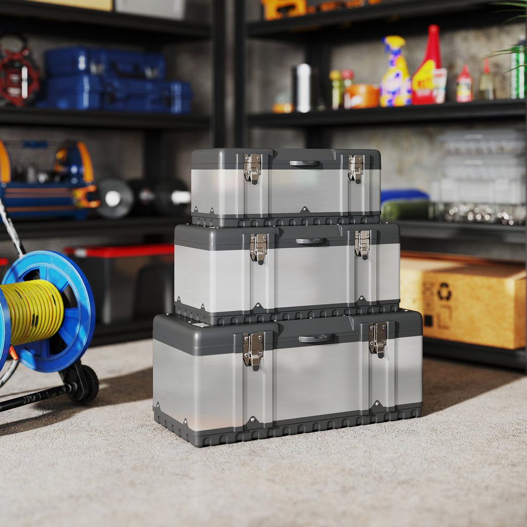 3-Delt værktøjskassesæt, rustfrit stål, plastik, sølv